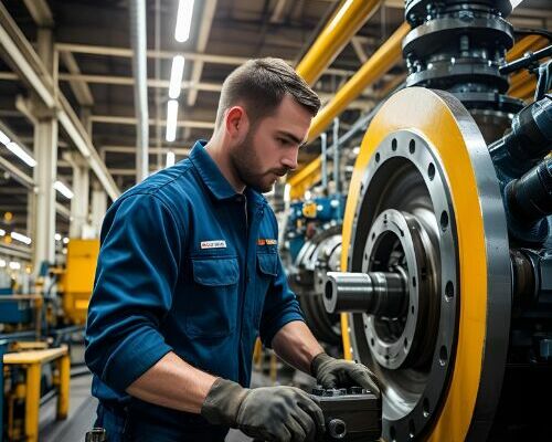 Técnico realizando instalação e manutenção em equipamento industrial com inspeção técnica conforme normas da engenharia e segurança operacional.