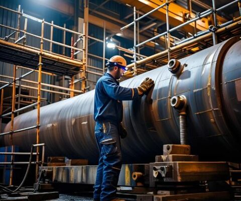 Técnico realiza manutenção corretiva em equipamento industrial de grande porte em fábrica, garantindo segurança, eficiência e confiabilidade operacional com laudo técnico detalhado.