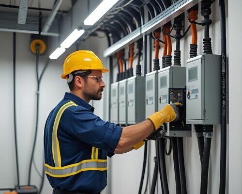 Técnico executando instalação e manutenção de quadro de energia elétrica em ambiente industrial, conforme normas técnicas e de segurança como NR-10 e NBR 5410.