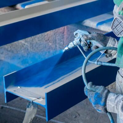 Técnico aplicando pintura industrial em estrutura metálica com preparação por jateamento abrasivo conforme normas técnicas de proteção anticorrosiva e segurança.