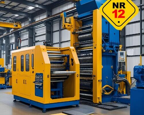Engenheiro realizando inspeção técnica em equipamento industrial para emissão de laudo e adequação conforme NR-12 e normas técnicas de segurança.