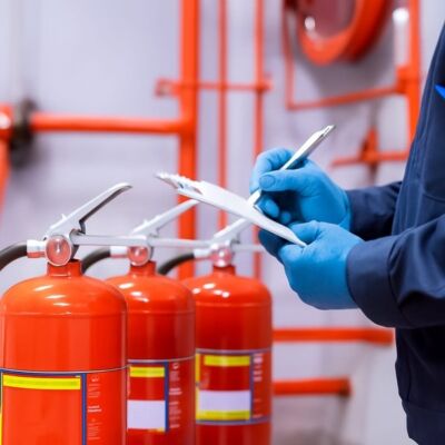 Engenheiro vistoriando sistema de combate a incêndio em ambiente industrial para elaboração de projeto técnico e emissão de AVCB e CLCB conforme normas do Corpo de Bombeiros.